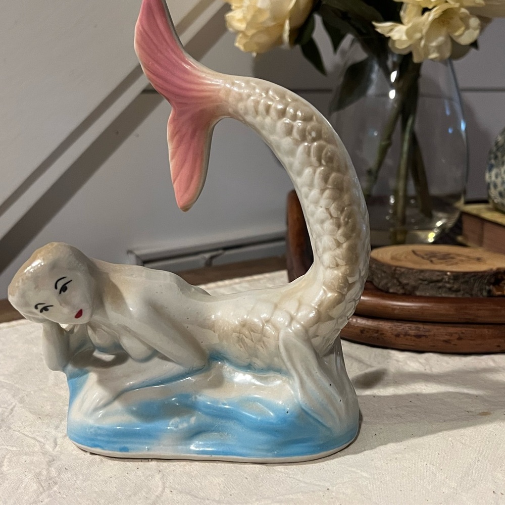 Vintage Ceramic Mermaid Figurine with Pink Tail mythical